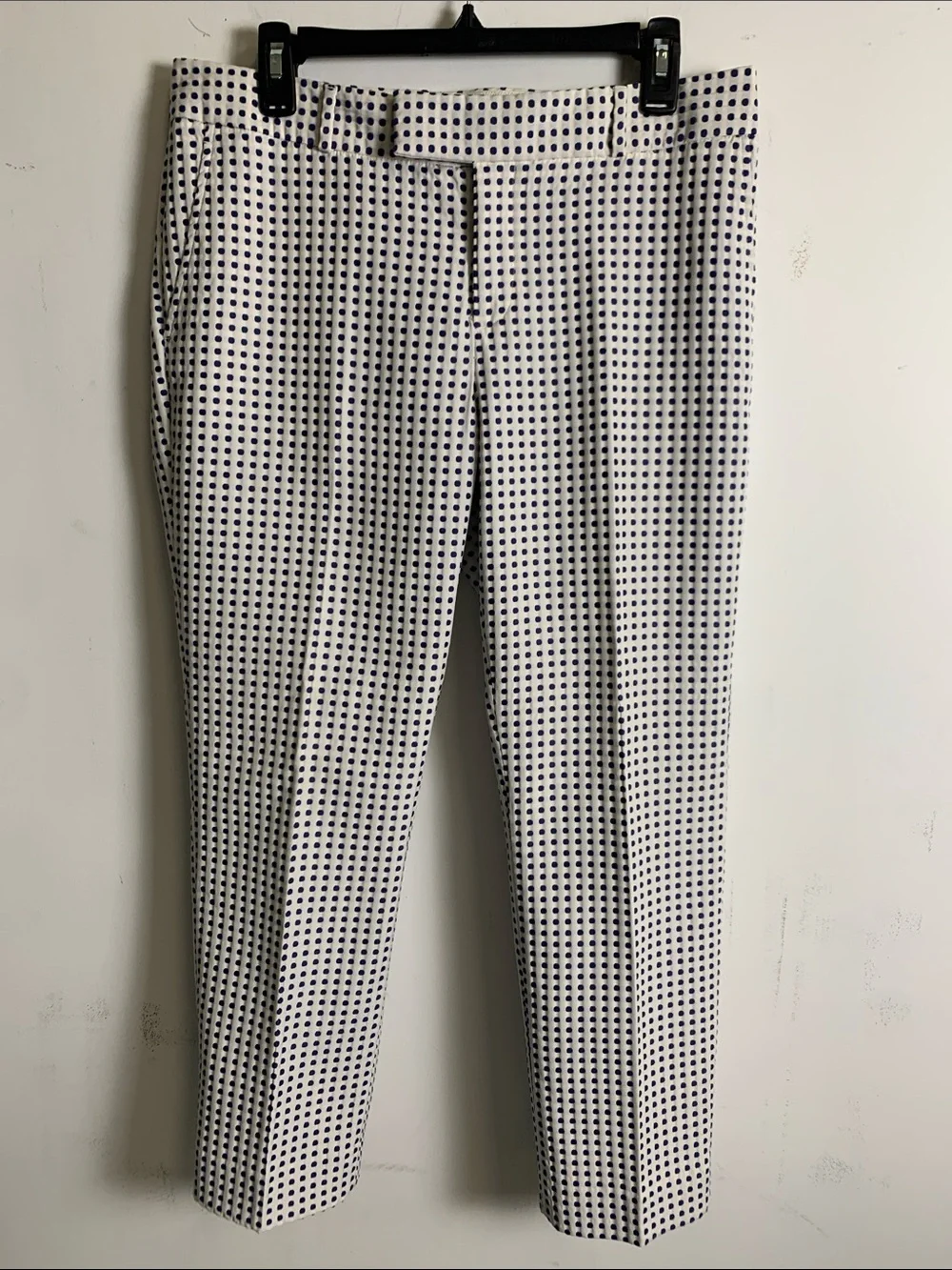Banana Republic White Straight-Leg Pants with Navy Dot Print
